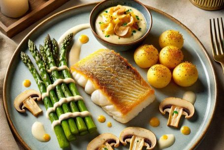 Frisch gebratenes Fischfilet mit grünem Spargel und Champignons auf einer cremigen Sauce zum Servieren angerichtet.