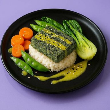 Knuspriges Tofu‑Steak mit grüner Kräuterkruste, Reis und frischer Yuzu‑Sauce, elegant angerichtet mit leichten Beilagen.