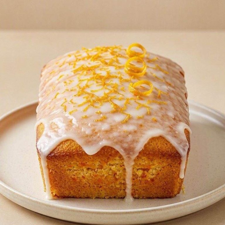 Saftiger Orangenkuchen Saftiger Orangenkuchen in der Kastenform mit weißer Zuckerguss-Glasur, dekoriert mit frischen Orangenabrieben auf einem Holzbrett.