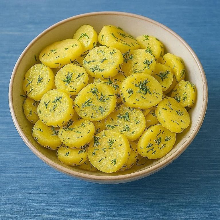 Kartoffelsalat mit frischem Dill in einer Schale als Grillbeilage serviert.