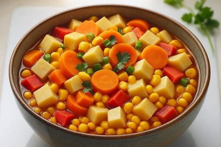 Herzhafter Möhren‑Tofu‑Eintopf mit Mais und Kartoffeln werden in einer Bowl serviert. Rezept von byKochmuffel.