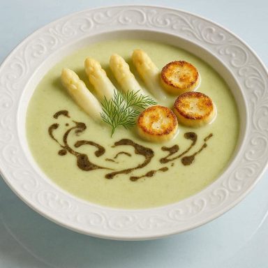 Cremige Spargelsuppe mit Spargelspitzen, Ziegenkäse‑Croutons und einem Hauch Trüffel, elegant angerichtet mit frischem Dill.