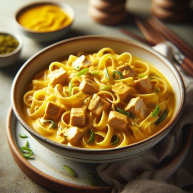 "Dampfende Pasta in Curry-Sahne-Sauce mit gebratenen Putenbruststreifen und frischen Kräutern in einer Keramikschale."