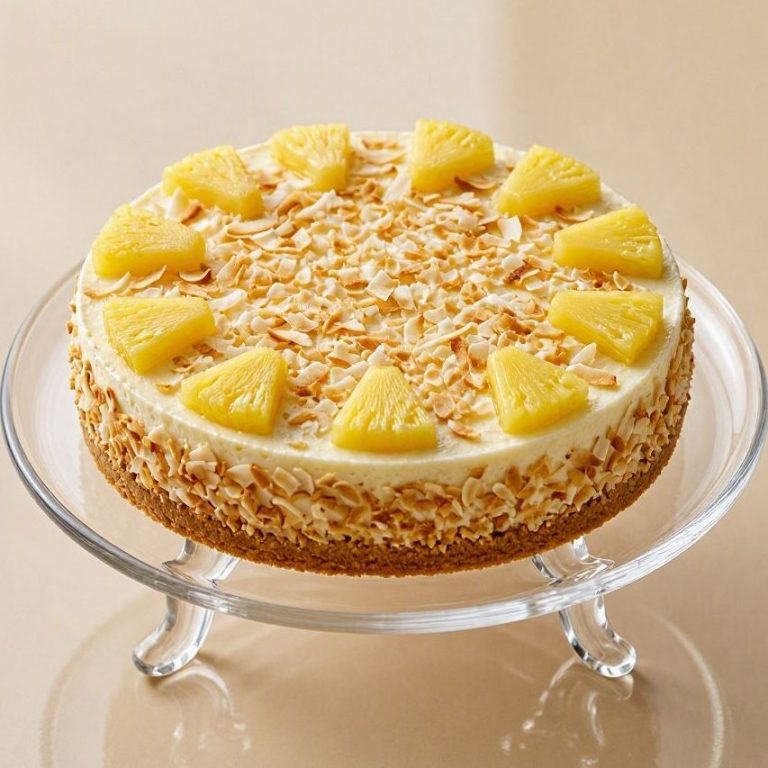 Tropischer Kokos-Ananas-Käsekuchen mit gerösteten Kokoschips und saftigen Ananasstücken.