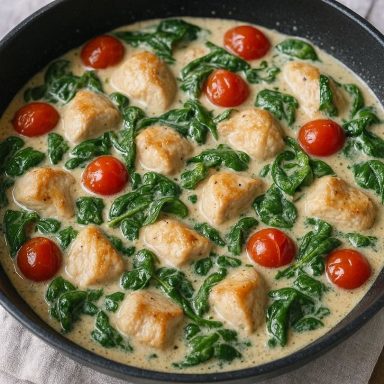 High-Protein Hähnchen-Spinat-Pfanne Saftige Hähnchenstücke in cremiger Joghurt‑Sauce mit Spinat und Cherrytomaten in einer Pfanne, proteinreich und leicht.