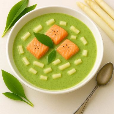 High‑Protein Bärlauchsuppe mit Lachs und Spargel, cremig angerichtet, frische Frühlingsfarben, leichtes Rezept mit proteinreicher Einlage.