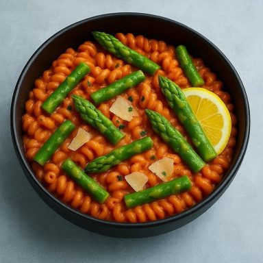 Proteinreiche Zitronen‑Spargel‑Pasta mit grünem Spargel, Hüttenkäse & Parmesan, leicht und cremig angerichtet als frisches Frühlingsgericht.