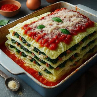 Weißkohl‑Lasagne mit geschichteten Kohlblättern, Hackfleisch und Spinat; oben Tomatensoße, Parmesan und frische Basilikumblätter.