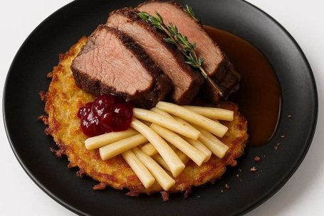 Knusprige Rösti, zarte Schwarzwurzeln und saftiges Wildschwein – ein Teller, der rustikale Wärme mit feiner Eleganz verbindet.
