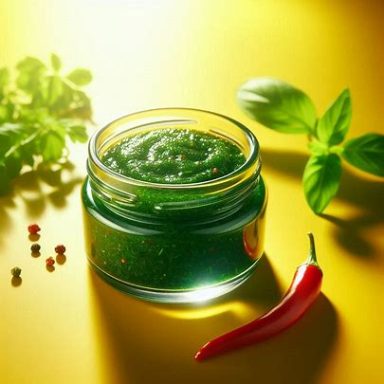 Emerald Umami Paste Aromatische grüne Umami-Paste aus asiatischen Kräutern im Glas, intensiv würzig, frisch und vielseitig für moderne Fusion-Küche.