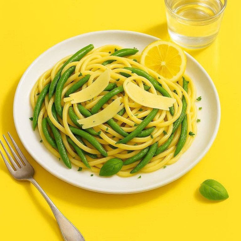 Zitronen-Kräuter-Pasta mit grünen Bohnen Frische Zitronen-Kräuter-Pasta mit grünen Bohnen und gehobeltem Parmesan auf einem hellen Teller serviert.