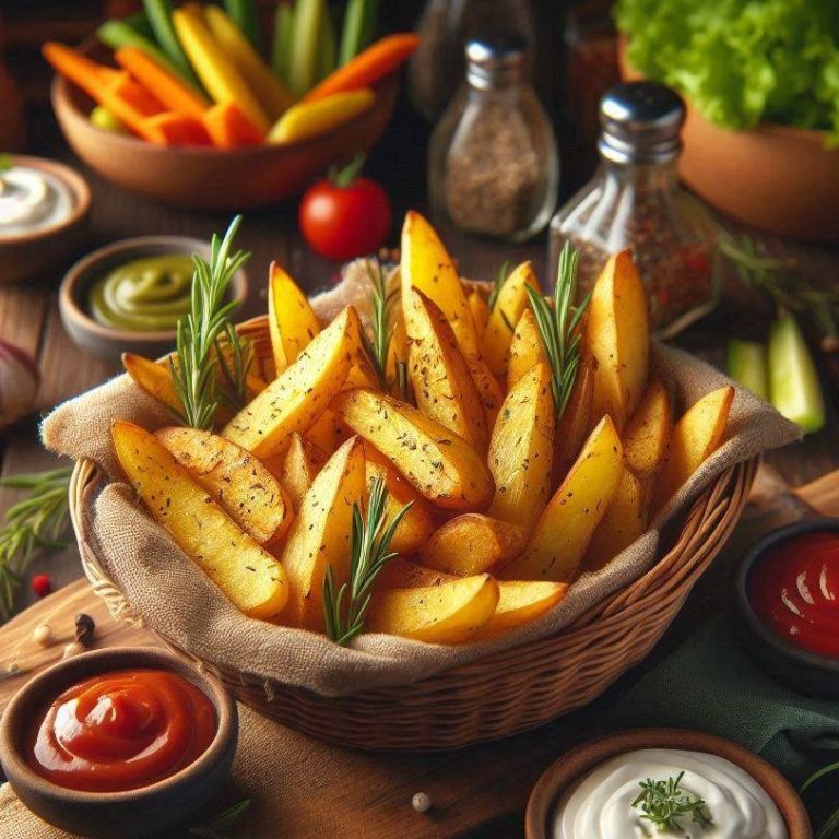 Ein Korb gefüllt mit knusprigen, goldgelb gebackenen Wedges und rundum verschiedene Schalen mit Dips.