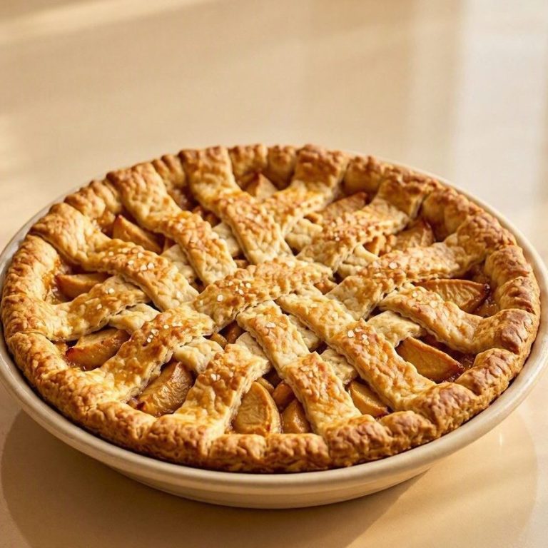 Amerikanischer Apple Pie Gebackener Apple Pie in einer Keramikform mit geschlossener Teigdecke und Dampfschlitzen.