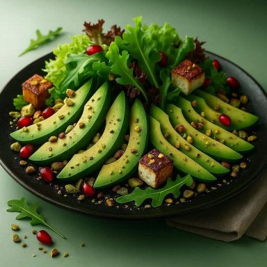 Avocado-Granatapfel-Salat angerichtet: Blattsalat in der Mitte, Avocadoscheiben rundherum, Granatapfelkerne und karamellisierter Ziegenkäse.