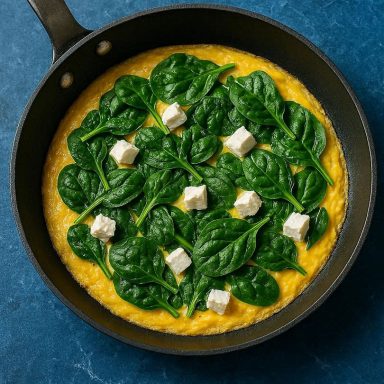 Das perfekte Fitness-Omelett Saftiges Fitness-Omelett in der Pfanne, mit Gemüse, Feta und Eiweiß, perfekt gegart bei niedriger Hitze für optimale Proteine.