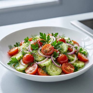 Gurken-Tomaten-Salat Knackiger Gurken-Tomaten-Salat mit feinen roten Zwiebelringen und frischen Kräutern in einer Salatschüssel.