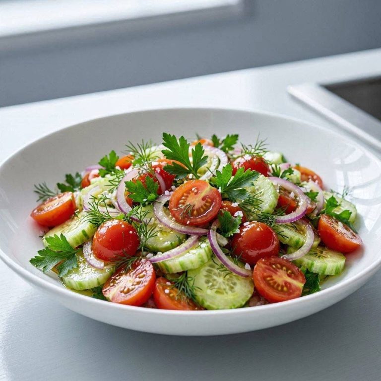 Gurken-Tomaten-Salat Knackiger Gurken-Tomaten-Salat mit feinen roten Zwiebelringen und frischen Kräutern in einer Salatschüssel.
