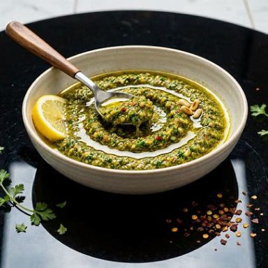 Frische grüne Kräuter‑Harissa‑Marinade in einer Schüssel – cremig, würzig und ideal für Fisch, Gemüse und Grillgerichte.  