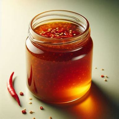 Asia Green Marinade in einem Glas, warm bernsteinbraun, glänzend, mit Chiliflocken und Sesamsamen, auf hellem Untergrund.
