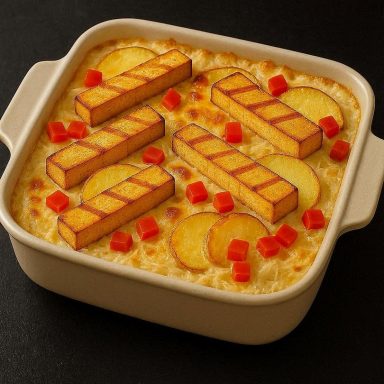 Veganer Sauerkraut‑Auflauf mit Tofu, Kartoffeln, Paprika und goldgelb überbackenem Käseersatz in einer Form – herzhaft, warm und cremig. 