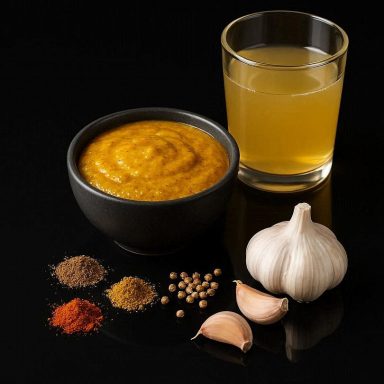 Goldgelbe Apfel‑Curry-Marinade in einer kleinen Schale, daneben Gewürze, Knoblauch und Apfelsaft für eine frische, aromatische Mischung.