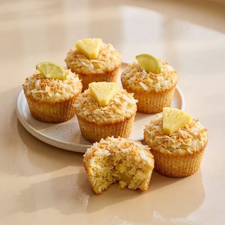 Saftige Kokos-Ananas-Muffins mit goldenen Kokosraspeln und frischer Limettenscheibe auf einem Kuchengitter.