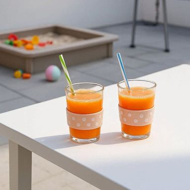 Apfel-Karotten-Limo Zwei Gläser mit helloranger Apfel‑Karotten‑Limo und bunten Strohhalmen stehen auf einem weißem Tisch auf einer sonnigen Terrasse.