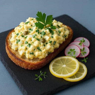 Eleganter Zitronen‑Dijon‑Eiersalat mit Kräutern und Kapern auf Brot. Auf taubenblauem Untergrund, modern angerichtet.