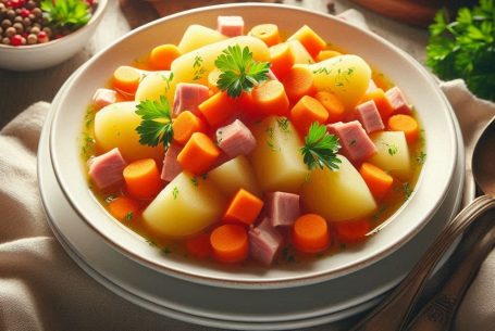 Möhreneintopf auf einem Teller serviert, mit Kartoffeln und Karottenstücken in kräftiger Brühe – rustikales, warmes Hausmannskostgericht.