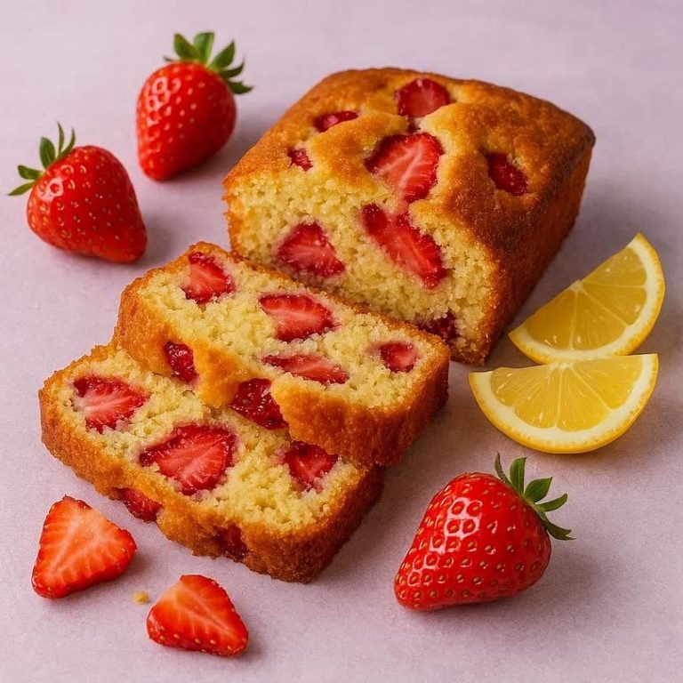 Erdbeer-Zitronen-Butterkuchen Saftiger Butterkuchen mit frischen Erdbeeren und feiner Zitronennote, goldbraun gebacken, weich, fruchtig und sommerlich aufgeschnitten.