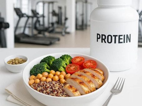 Cleanes Food‑Foto im Fitnessküche‑Stil: leichte, proteinreiche Bowl, frische Zutaten, helle Farben, viel Weißraum.