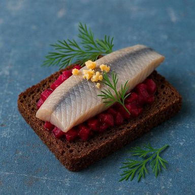 Knuspriger Matjes‑Toast mit Roter Bete, Dill und zerbröseltem Eigelb auf Roggenbrot, modern angerichtet als schneller nordischer Snack.