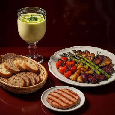 Limettencreme mit Kräuteröl Limettencreme im Glas mit Kräuteröl, daneben Ofengemüse auf einem Teller, ein Brotkorb und eine Scheibe gegrilltes Fleisch auf Extrateller.