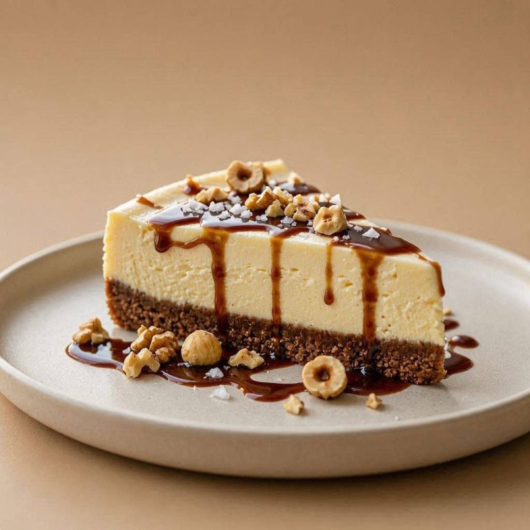 Gefrorener Käsekuchen mit Espresso-Karamell-Sauce Cremiger gefrorener Käsekuchen auf Keksboden mit dunkler Espresso-Karamell-Sauce, Nüssen und Meersalzflocken garniert.