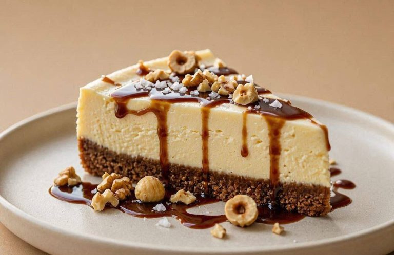 Gefrorener Käsekuchen mit Espresso-Karamell-Sauce Cremiger gefrorener Käsekuchen auf Keksboden mit dunkler Espresso-Karamell-Sauce, Nüssen und Meersalzflocken garniert.