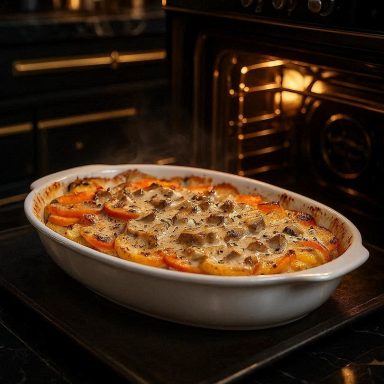 Gemüsegratin in Auflaufform auf halb herausgezogenem Backblech im beleuchteten Ofen; offene Tür, schwarze Gold-Designerküche als Hintergrund