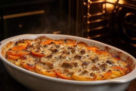 Gemüsegratin in Auflaufform auf halb herausgezogenem Backblech im beleuchteten Ofen; offene Tür, schwarze Gold-Designerküche als Hintergrund