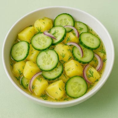 Frischer Kartoffel‑Gurkensalat mit Dill, dünnen Gurkenscheiben, roten Zwiebeln und leichtem Brühe‑Dressing – sommerlich, klar, unkompliziert