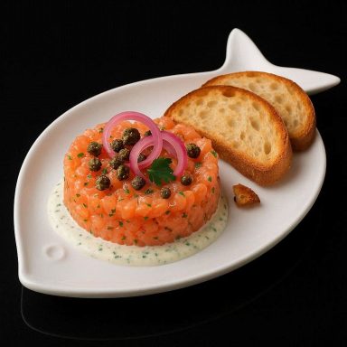 Lachs‑Tatar mit Kräutercreme Feines Lachs‑Tatar mit Kräutercreme, knusprigen Kapern und eingelegten Zwiebeln, serviert mit geröstetem Brot auf einem modernen Teller.