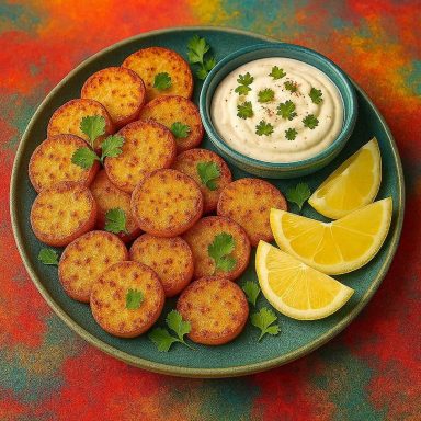 Knusprige goldene Kartoffeltaler mit indischen Gewürzen, serviert mit cremigem veganem Joghurt‑Dip, frischen Kräutern und Zitronenspalten.  