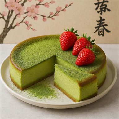 Japanischer Matcha‑Cheesecake, cremig gebacken mit feiner Grüntee‑Note, dekoriert mit frischem Matcha‑Puder und Erdbeeren auf heller Platte.