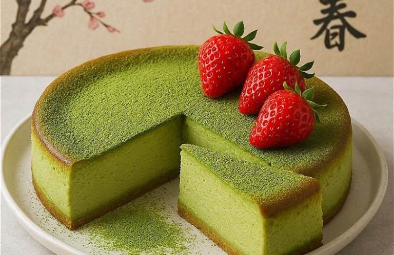 Japanischer Matcha-Cheesecake Japanischer Matcha‑Cheesecake, cremig gebacken mit feiner Grüntee‑Note, dekoriert mit frischem Matcha‑Puder und Erdbeeren auf heller Platte.