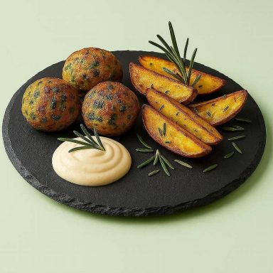 Brokkoli‑Frikadellen mit Rosmarin‑Kartoffeln und Joghurt‑Dip, appetitlich auf einer Schieferplatte angerichtet als vegetarisches Gericht.