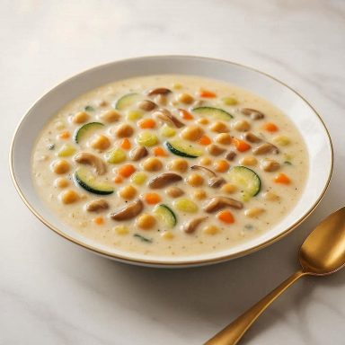 Veganer Waterzooi mit Kichererbsen und Gemüse in cremiger pflanzlicher Sauce, serviert als moderner Eintopf der belgischen Küche.