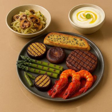 Harmonisches 3‑Gänge‑Grillmenü mit warmem Fenchel‑Pilz‑Salat, aromatischem Arrabbiata‑Grillteller und frischem Zitronen‑Joghurt‑Dessert.