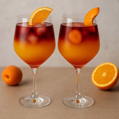 „Moulin Rouge“ Orangen-Aprikosen-Cocktail Zwei Gläser mit Moulin‑Rouge‑Orangen‑Aprikosen‑Cocktail, frisch gemixt und dekoriert, auf einem Tisch angerichtet