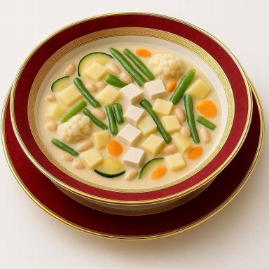 Vegetarischer Waterzooi mit Tofu, Zucchini, Kartoffeln, Karotten und Lauch in cremiger Sauce, serviert als belgischer Gemüseeintopf.