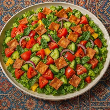 Bunter libanesischer Fattoush-Salat mit knackigem Gemüse, frischer Minze und goldbraun gerösteten Fladenbrotstücken auf einer Platte.