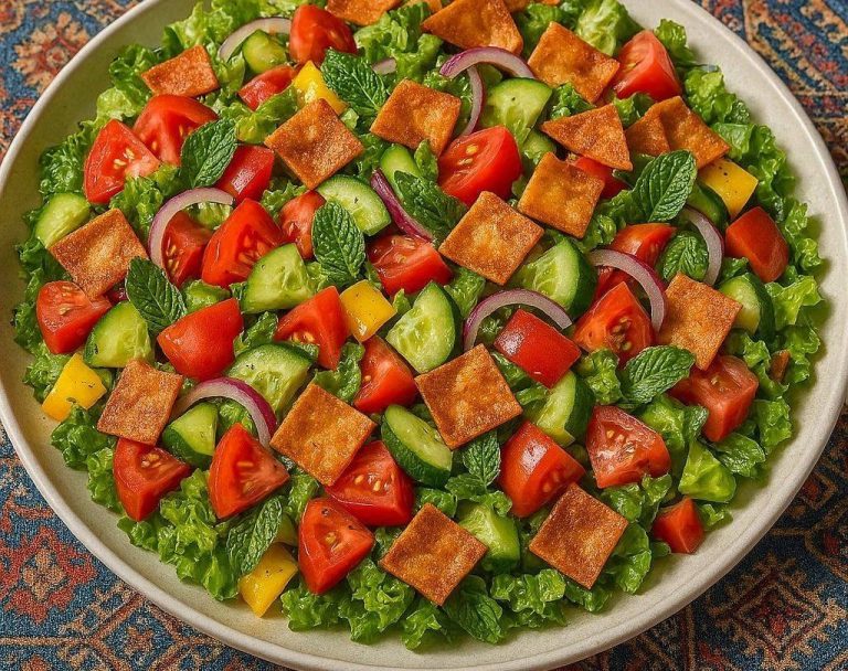 Libanesischer Fattoush Bunter libanesischer Fattoush-Salat mit knackigem Gemüse, frischer Minze und goldbraun gerösteten Fladenbrotstücken auf einer Platte.