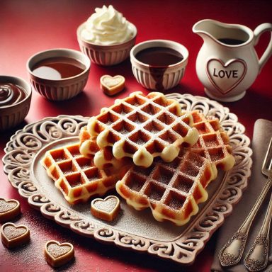 Frisch gebackene Brüsseler Waffeln, goldbraun und luftig, mit Puderzucker bestäubt, auf einem Teller angerichtet und servierbereit.